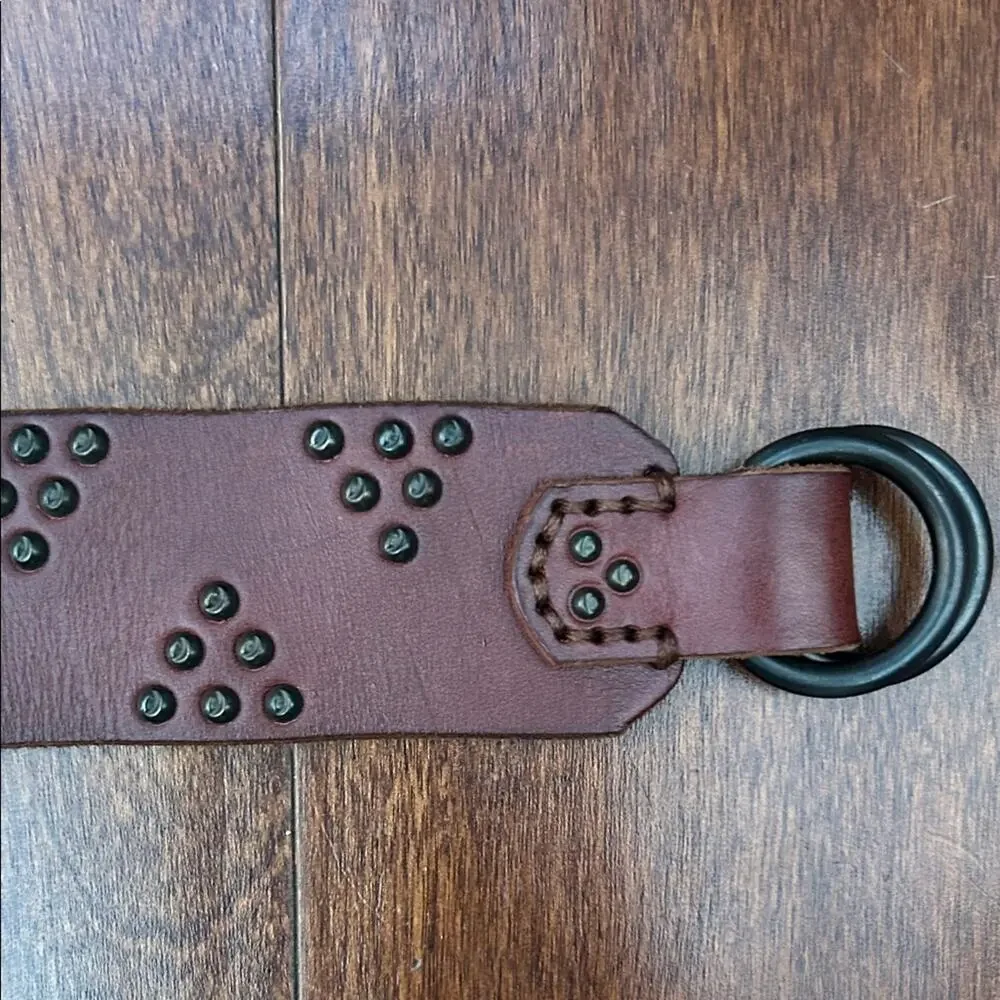 Western Boho Thick Brown Leather Belt with Stud Accents, D Ring Closure